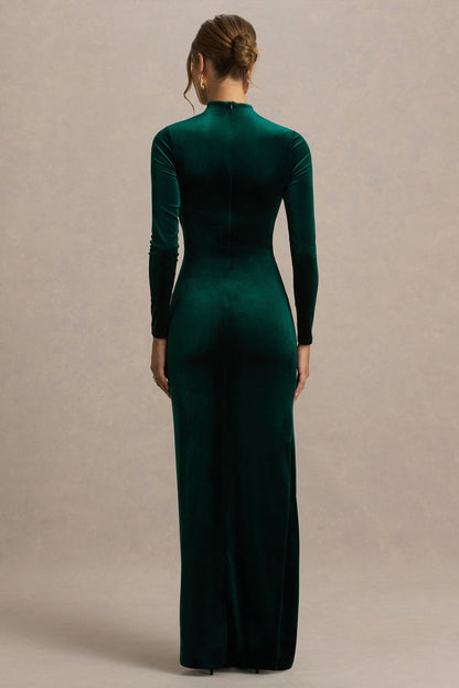 Wishes | Bottle Green Velvet High-Neck Maxi Dress With Wrap Skirt