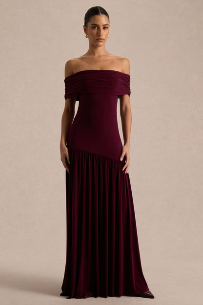 Venezia | Burgundy Bardot Maxi Dress With Drop-Waist
