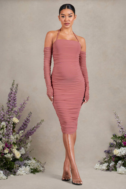 Pixie | Blush Pink Ruched Long-Sleeved Halter-Neck Maternity Midi Dress