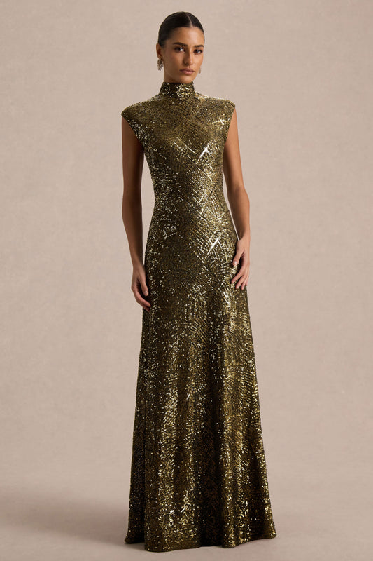Cecy | Khaki Sequin High-Neck Maxi Dress With Cap Sleeves