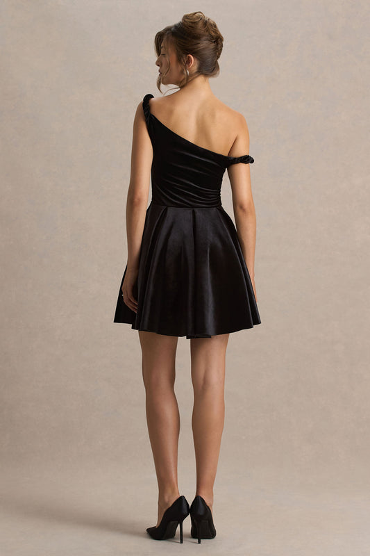 Leticia | Black Asymmetric-Neck Velvet Mini Dress With Twist-Sleeve