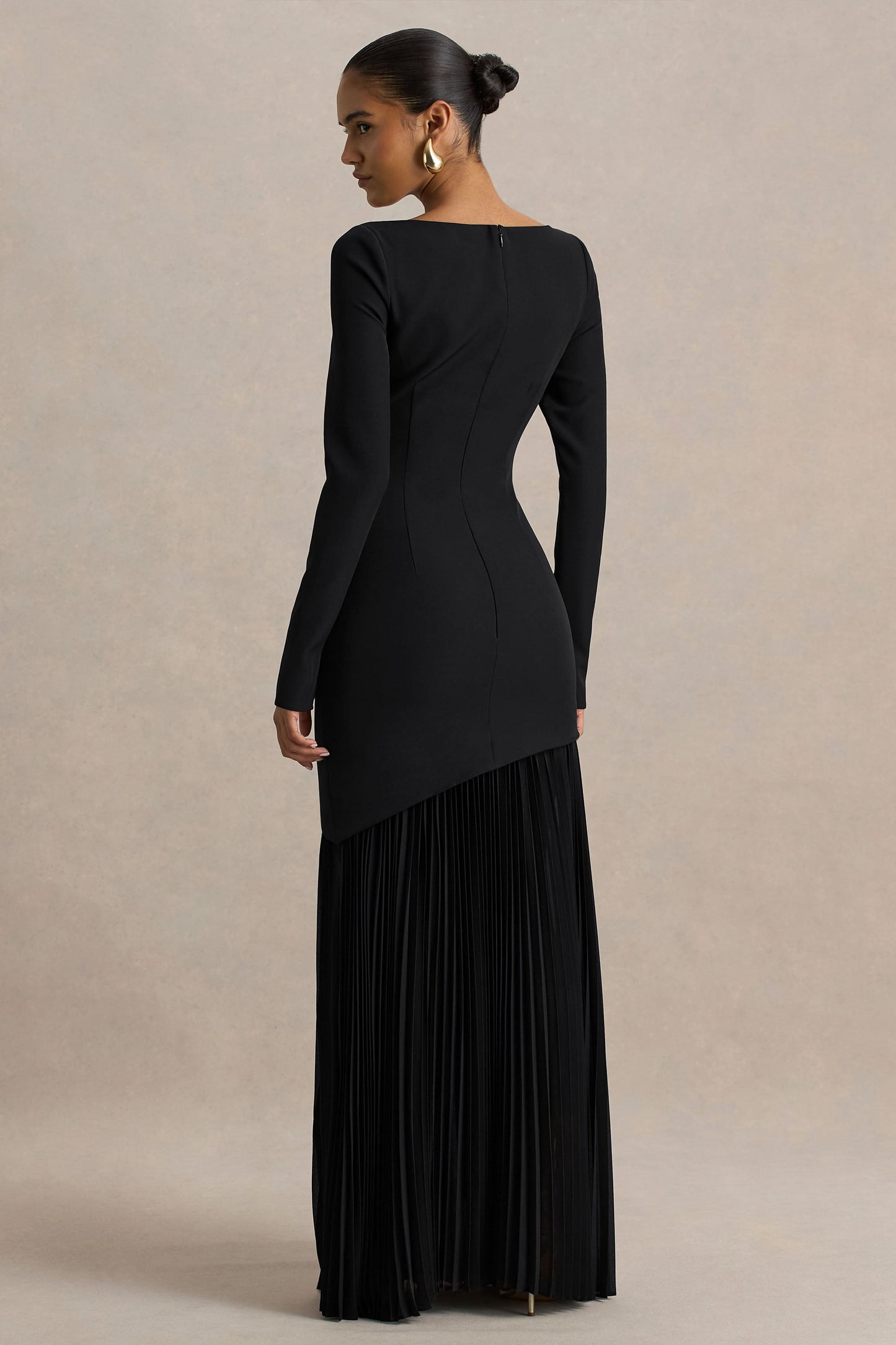 Yanira | Black Crepe And Georgette Boat-Neck Maxi Dress With Drop Waist