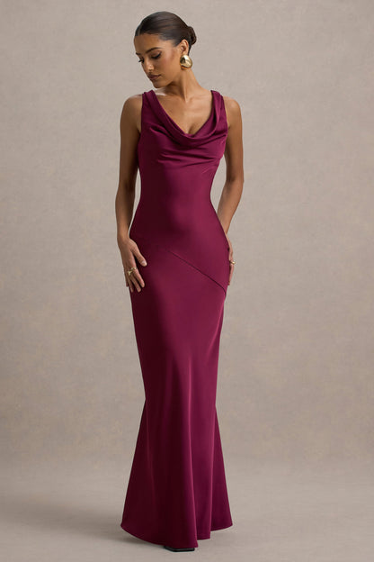 Alesso | Burgundy Satin Cowl-Neck Slip-Maxi Dress