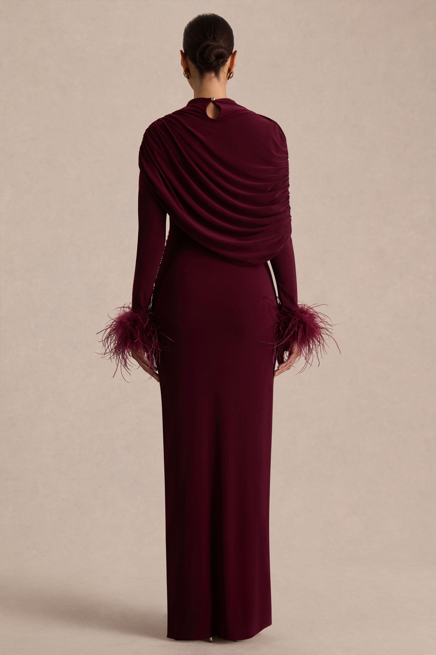 Gatsby | Burgundy High-Neck Maxi Dress With Feather Trim Cuffs
