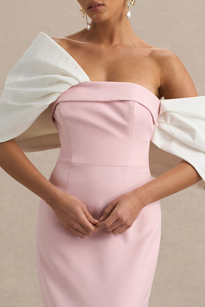 Lucille | Rose & Pink Asymmetric Bardot Midi Dress With Bow Detail