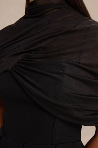 Thalia | Black High-Neck Midi Dress With Sheer Mesh Cape