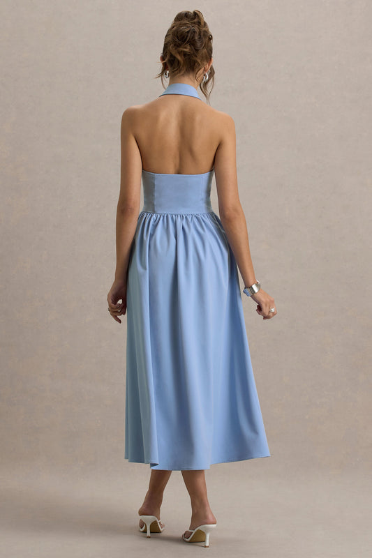 Samsara | Light Blue Plunge-Neck Collared Midi Dress