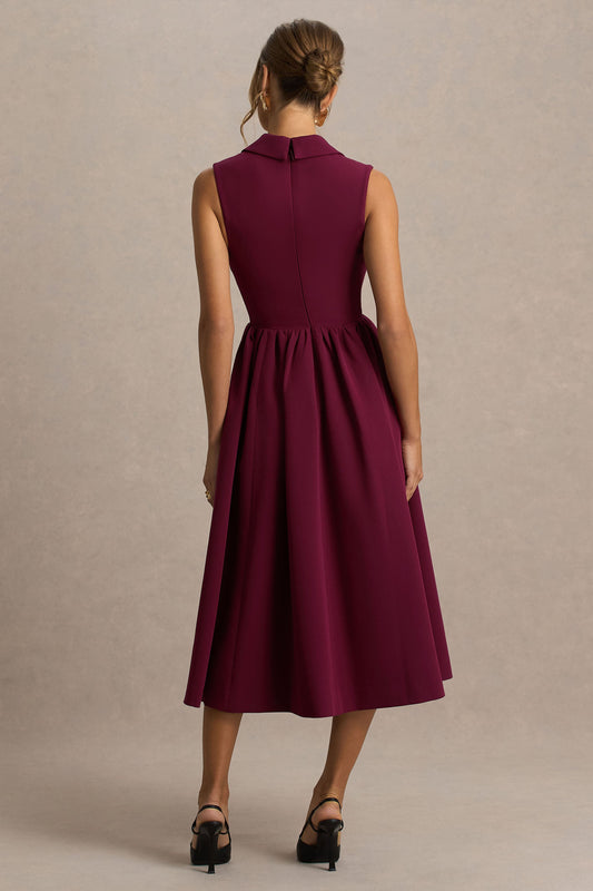 Lisa | Burgundy Plunge-Neck Tailored Midi Dress With Button-Detailing
