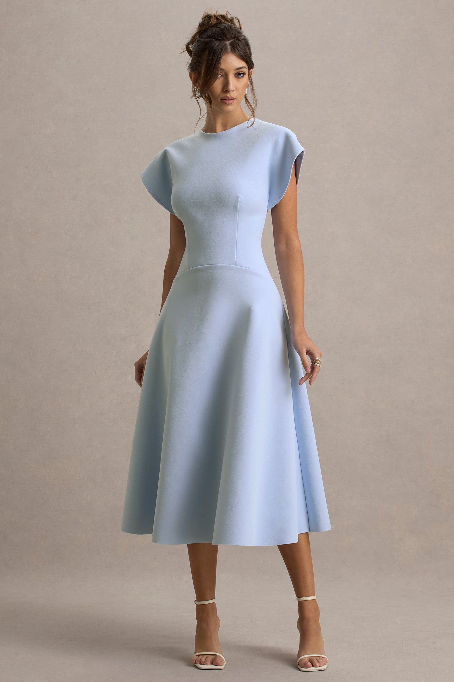 Linda | Powder Blue Crew-Neck Cap-Sleeve Midi Dress