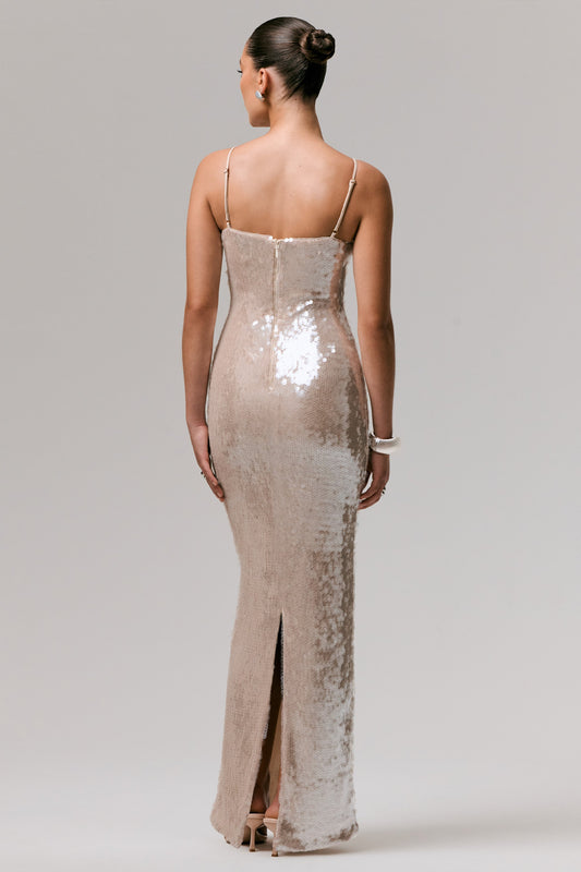 Vermont | Nude Sequin Square-Neck Maxi Dress