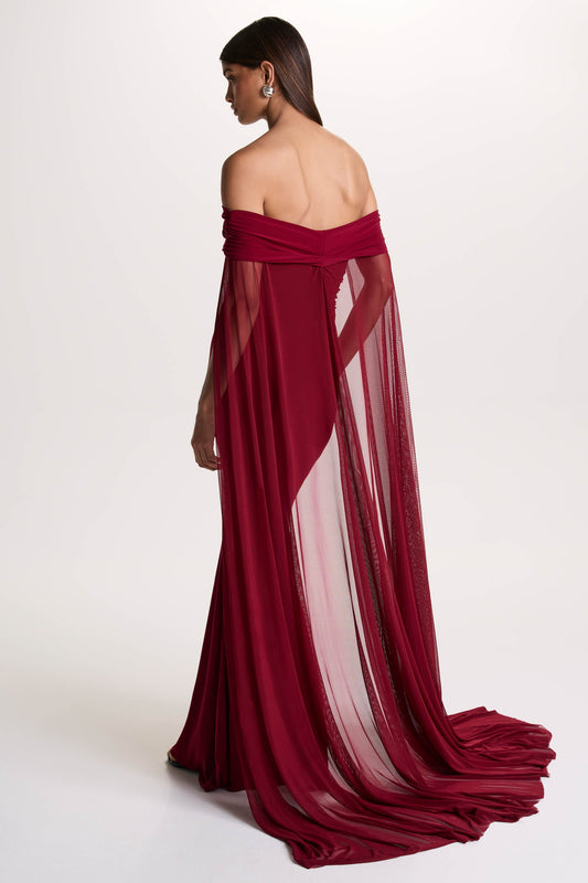 Carlotta | Berry Bardot Maxi Dress With Chiffon Cape