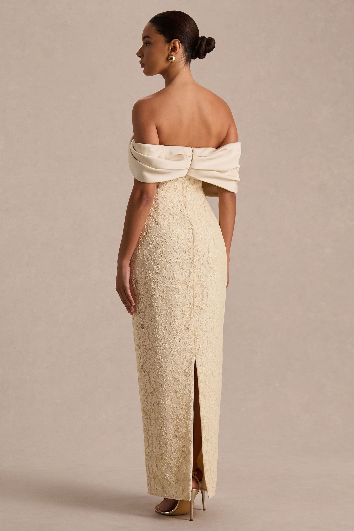 Solora | Cream Lace Twisted Bardot-Neck Maxi Dress