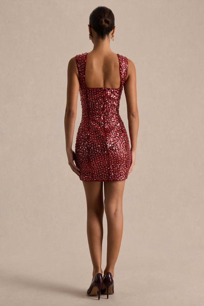 Elettra | Burgundy Sequin Square-Neck Mini Dress