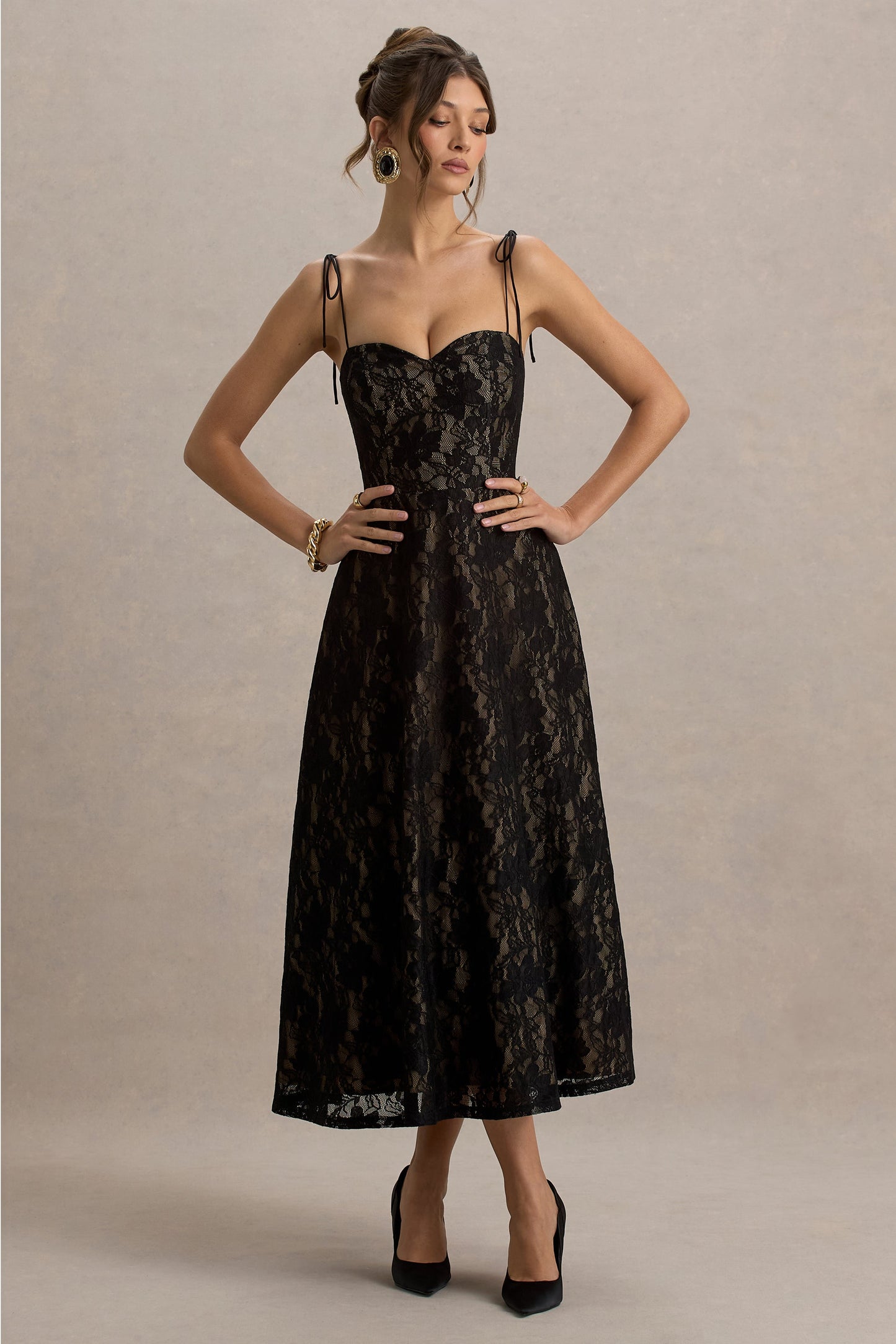 Sheridan | Black Lace Sweetheart Midi Dress With Backless Detail