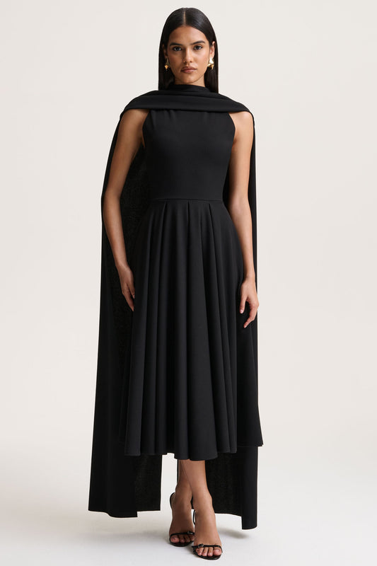 Nova | Black High-Neck Midi Dress With Cape-Sleeves