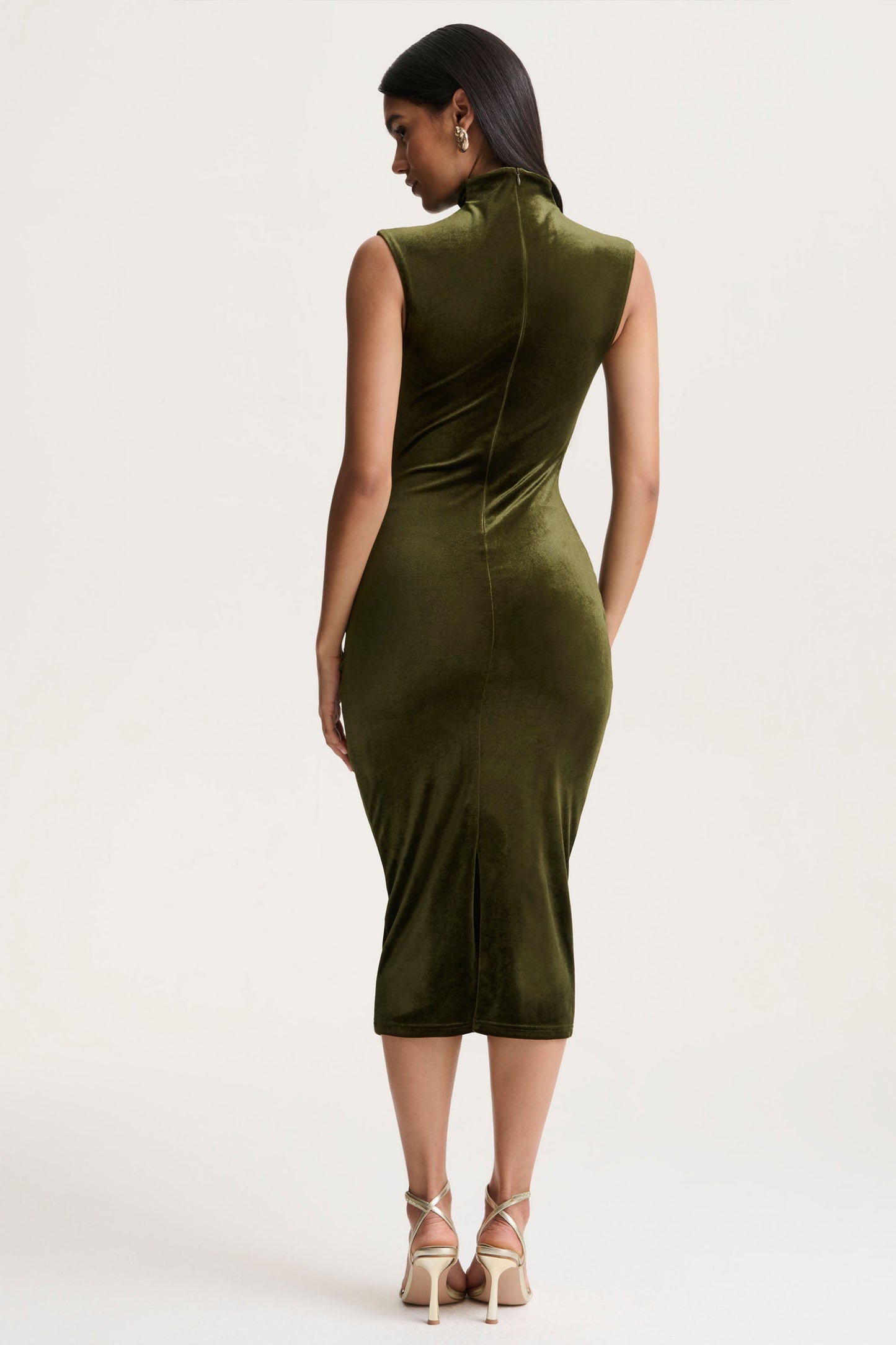 Novine | Olive Velvet High-Neck Midi Dress