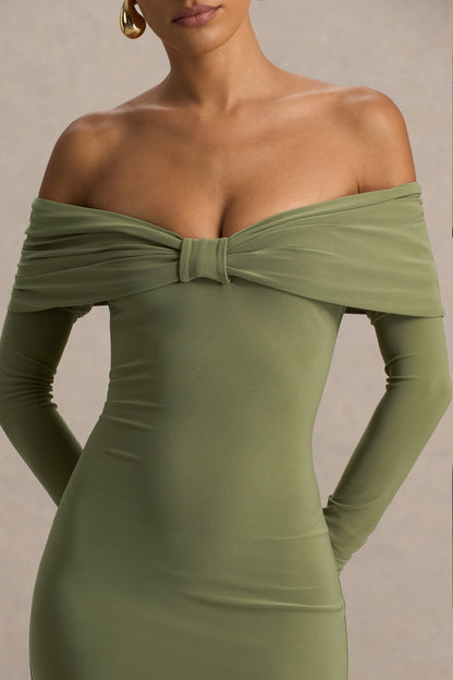 Spark | Olive Bardot-Neck Maxi Dress With Bow Detail