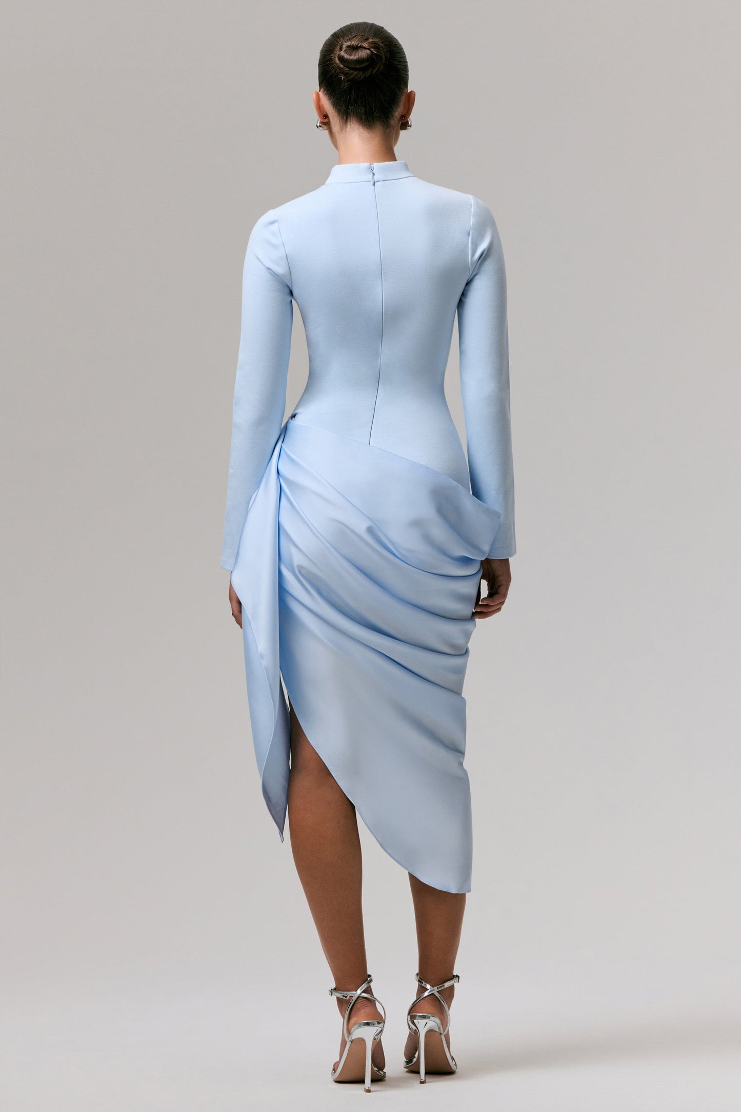Raffie | Powder Blue Long-Sleeve Midi Dress With Satin Wrap Skirt