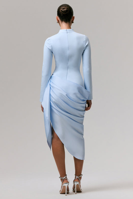 Raffie | Powder Blue Long-Sleeve Midi Dress With Satin Wrap Skirt