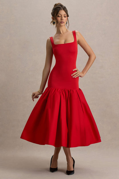 Parida | Red Poplin Drop-Waist Midi Dress With Peplum Hem