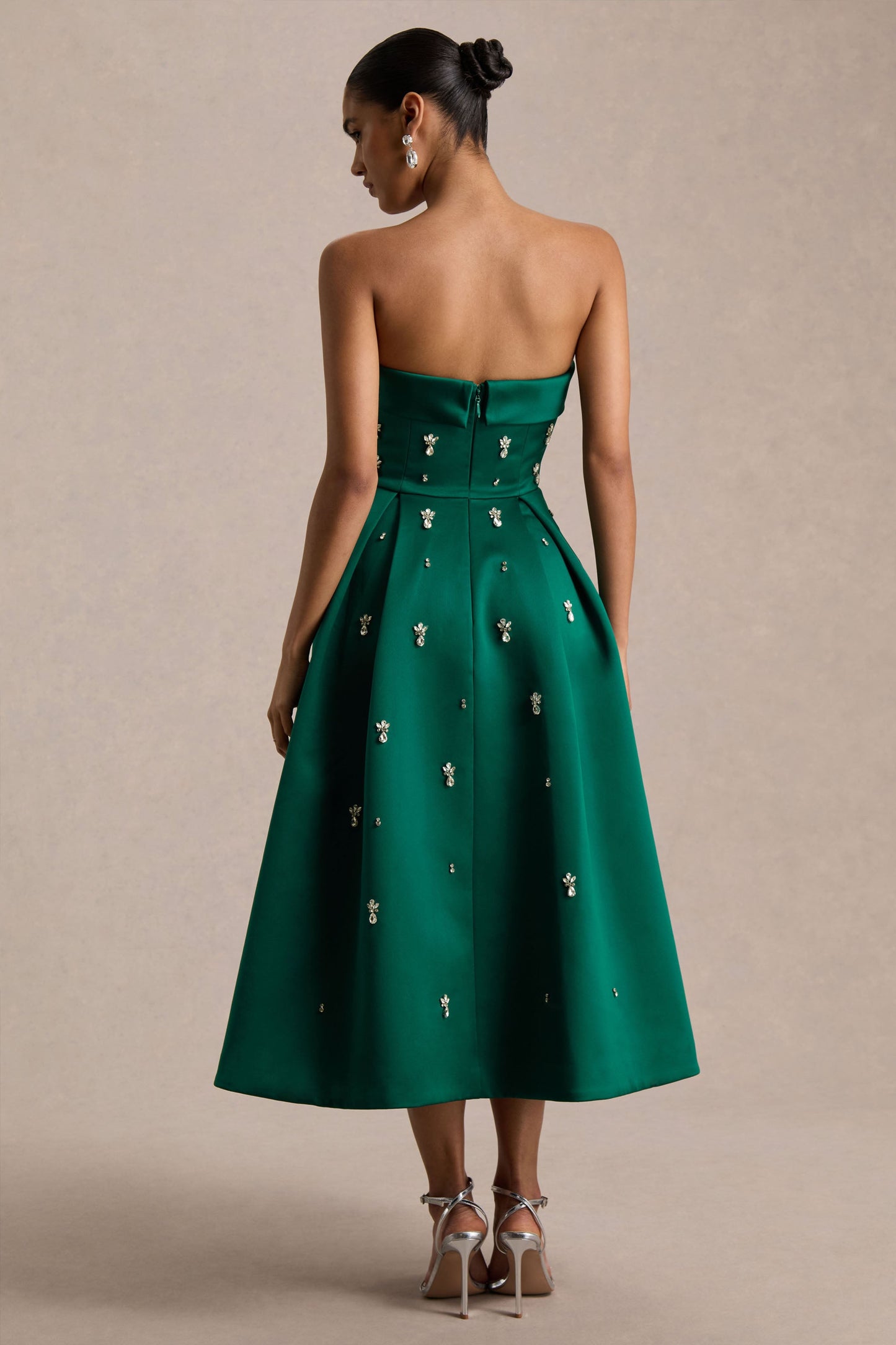 Sylvette | Dark Green Satin Bandeau Skater Midi Dress