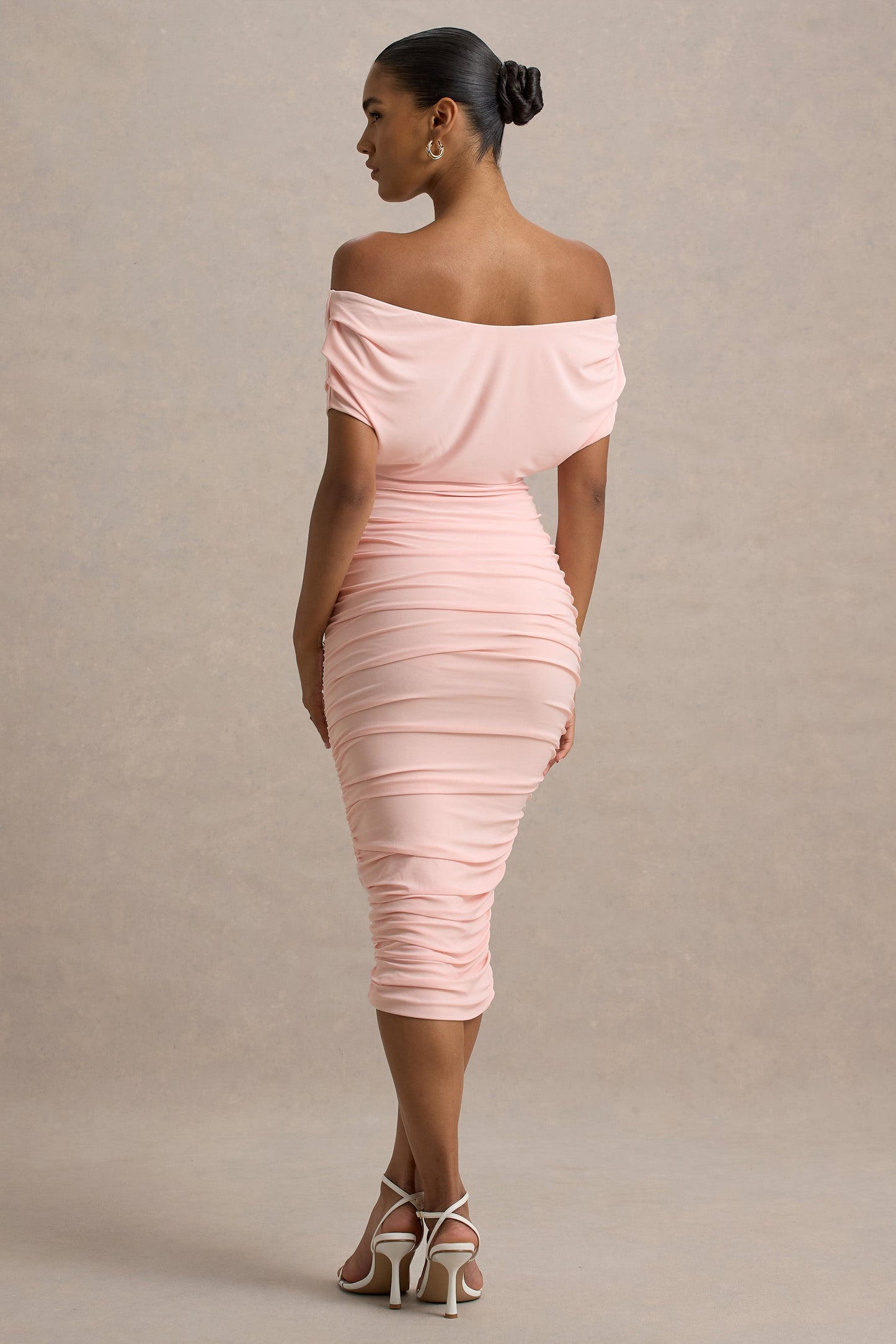 Rayleigh | Pink Bardot Ruched Midi Dress