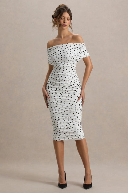 Rayleigh | Polka Dot Bardot Ruched Midi Dress