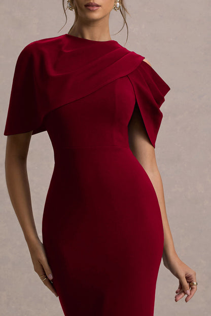 Dorothea | Berry Draped Midi Dress With Cape