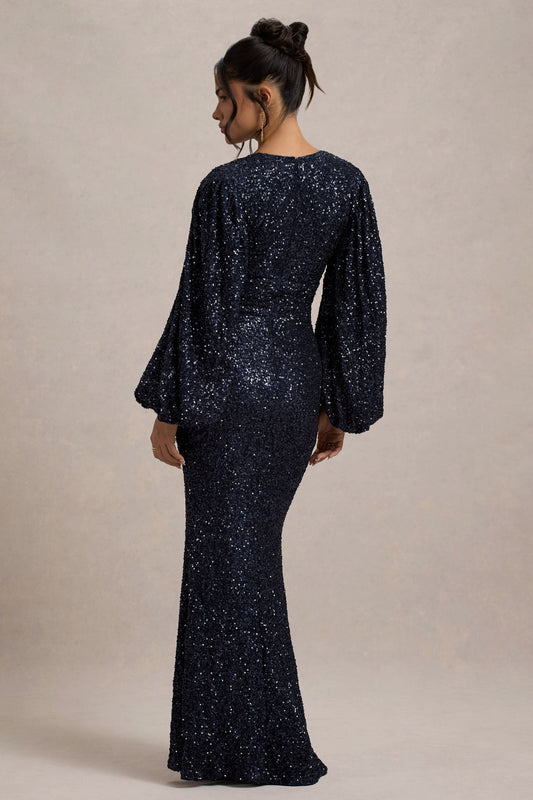 Kaelin | Navy Sequin Plunge-Neck Maxi Dress