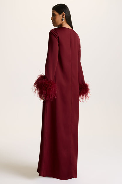Adella | Burgundy Satin Feather-Trim Maxi Dress