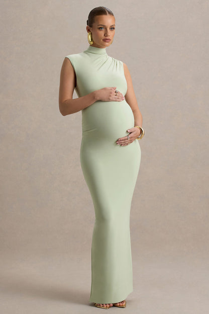 Kienna | Light Green Ruched High-Neck Maternity Maxi Dress