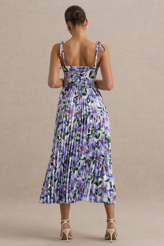 Peyton | Purple Lily Print Satin Sweetheart-Neck Midi Dress With Pleated Details