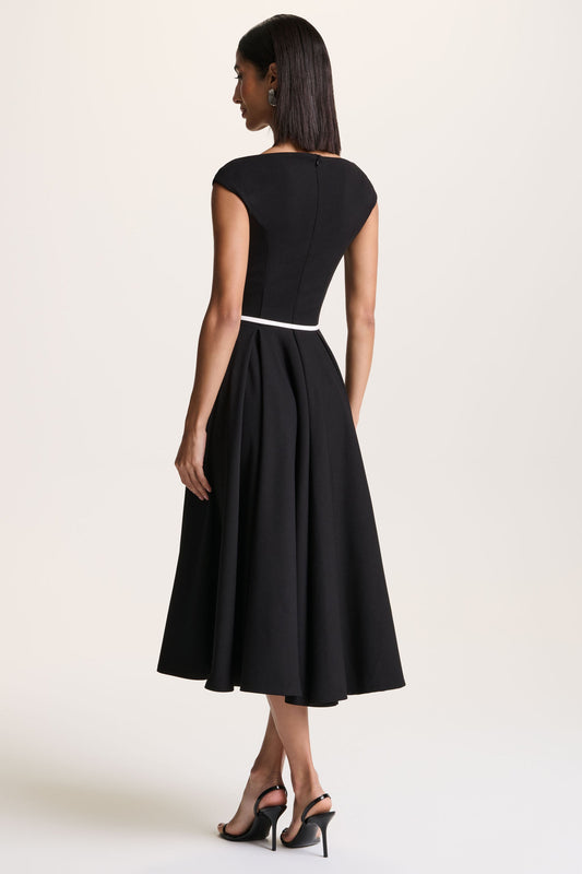 Nataline | Black Round-Neck Midi Dress With White Belt-Detail