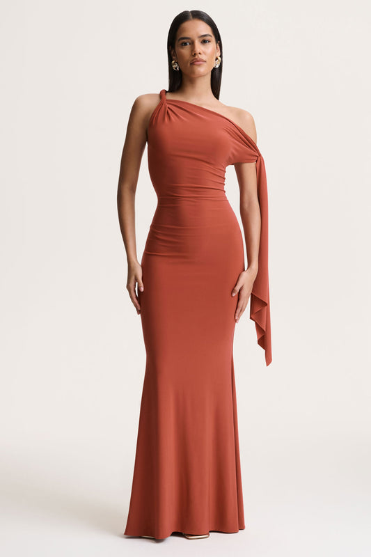 Vista | Rust Asymmetric-Neck Maxi Dress With Knot-Sleeve Detail