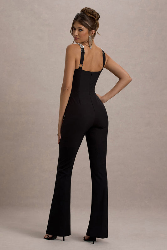 Amadi | Black Embellished Strappy Flared-Leg Jumpsuit