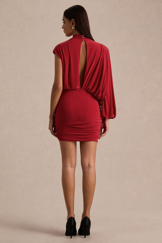 Zelda | Red High-Neck Mini Dress With One-Long Sleeve And Twisted Detail