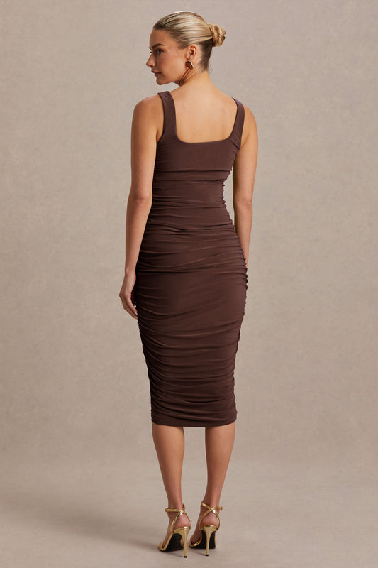 Lisbon | Brown Maternity Square Neck Ruched Midi Dress