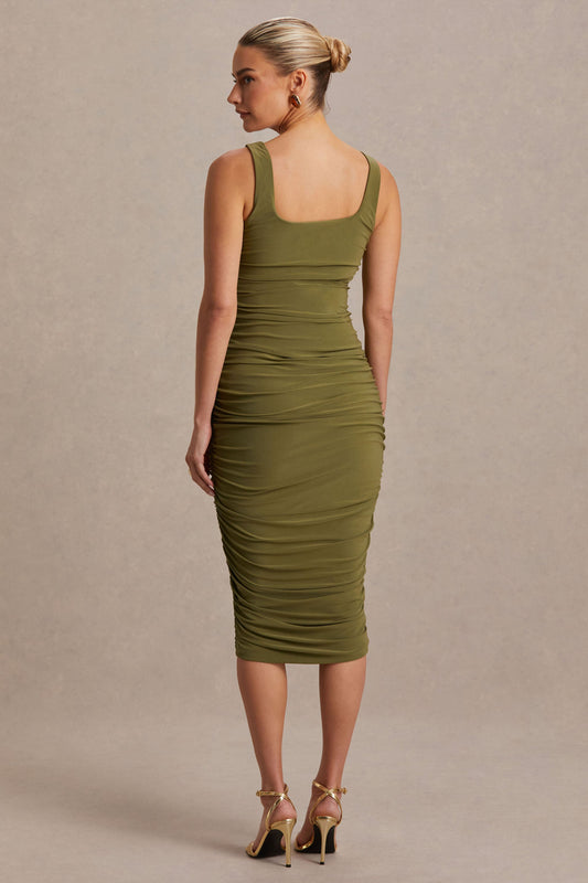 Lisbon | Olive Maternity Square Neck Ruched Midi Dress