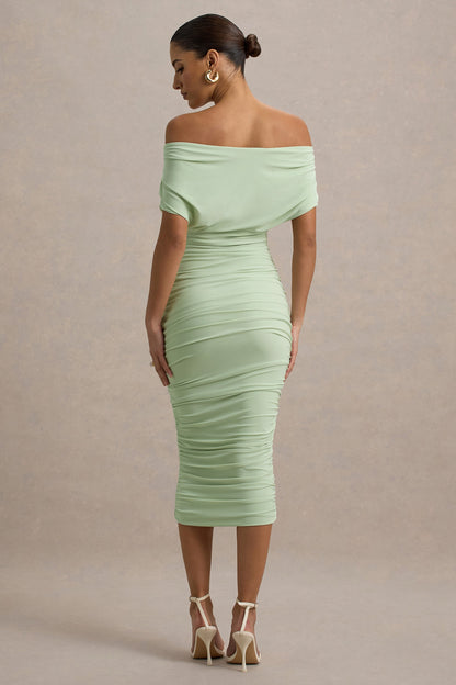 Rayleigh | Light Green Bardot Ruched Midi Dress