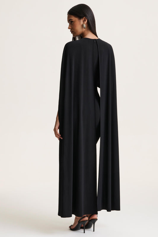 Kalani | Black Crew-Neck Midi Dress With Cape-Sleeves