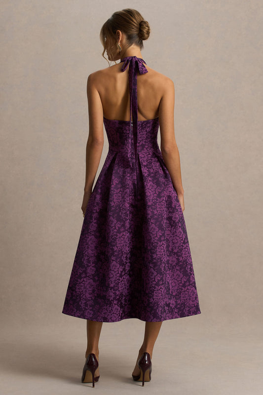 Isabeau | Purple Satin Plunge-Neck Midi Dress