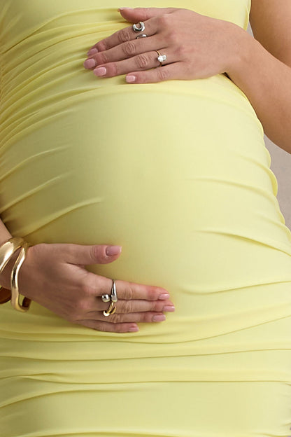 Lisbon | Lemon Maternity Square Neck Ruched Midi Dress