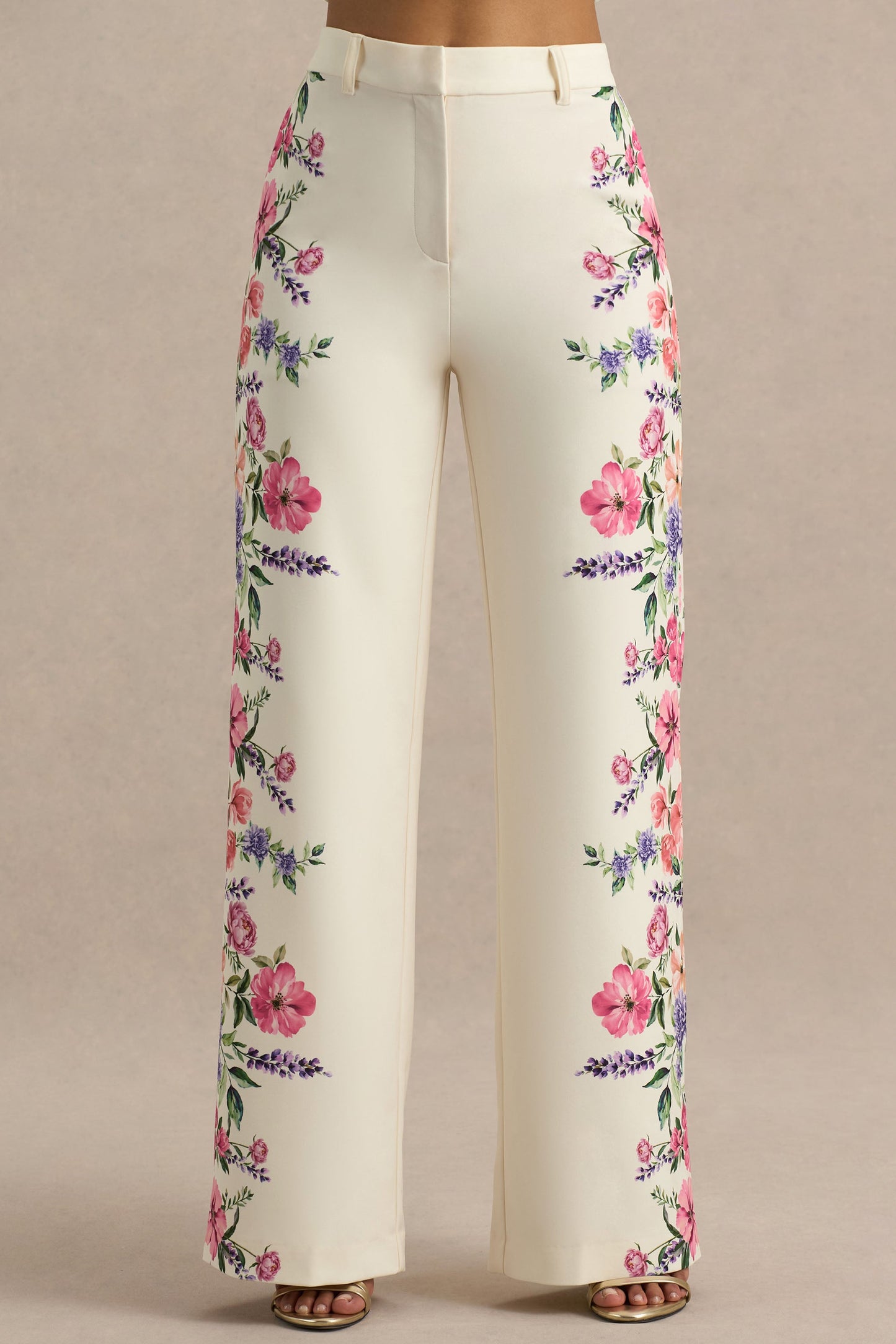 Solana | White Floral Border Print Wide-Leg Trousers