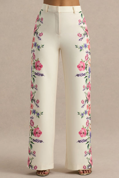 Solana | White Floral Border Print Wide-Leg Trousers