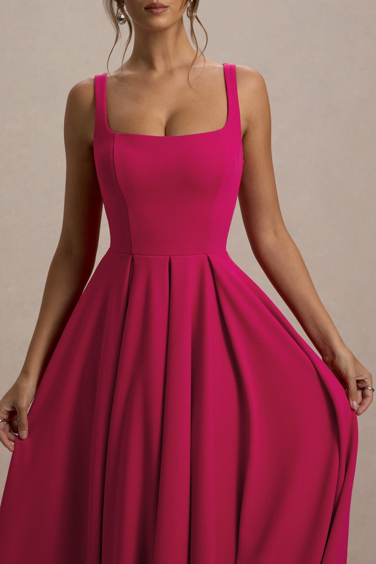 Parina | Hot Pink Strappy Volume-Hem Midi Dress