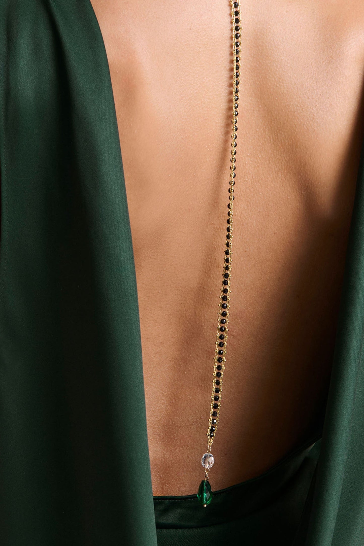 Stacey | Dark Green Slashed-Neck Maxi Dress With Open-Back And Embellished Detail