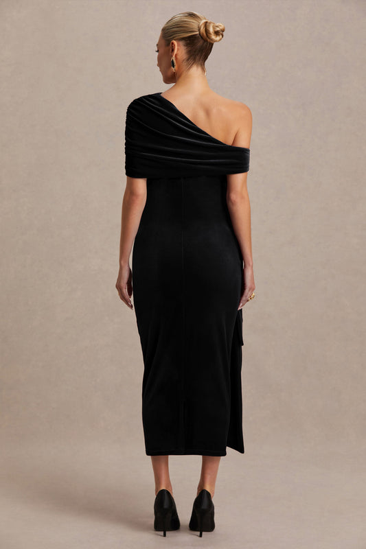Zena | Black Velvet Asymmetric-Neck Maternity Midi Dress With Knot And Sash Detail