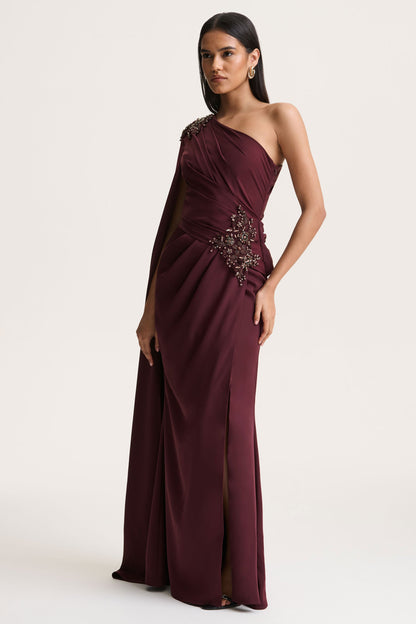 Solace | Dark Plum Asymmetric-Neck Maxi Dress With Front-High Split