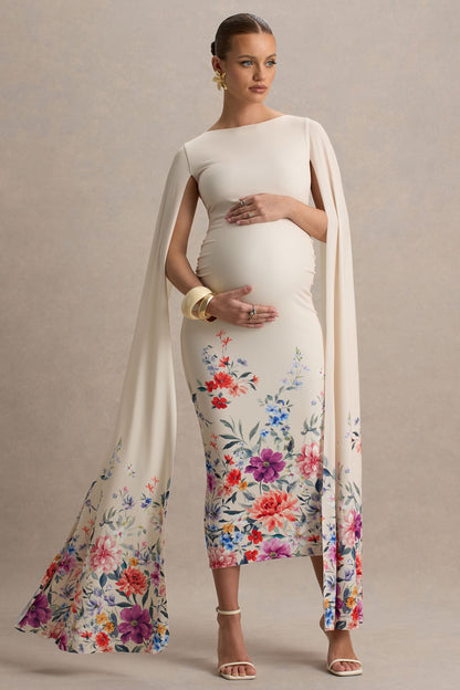 Providence | Light Pink Floral Print Boat-Neck Maternity Midi Dress With Cape Sleeves