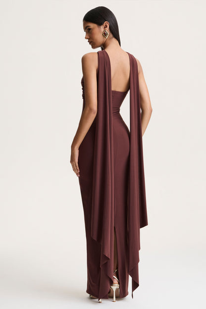 Sheila | Dark Brown Bandeau Maxi Dress With Scarf Detail